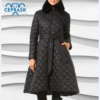 Ceprask 2018 Aukštos Kokybės moterų žiemos paltai Plius Dydis Ilga moteriška striukė Plonas Diržas mados Šiltas Parko camperas casaco