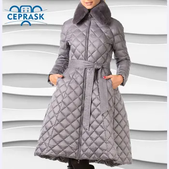Ceprask 2018 Aukštos Kokybės moterų žiemos paltai Plius Dydis Ilga moteriška striukė Plonas Diržas mados Šiltas Parko camperas casaco