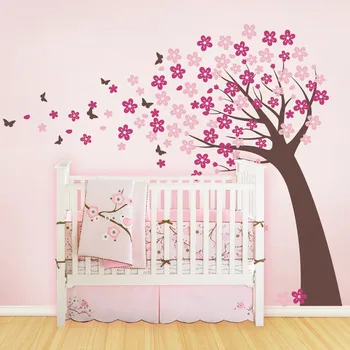 Cherry Blossom Didelis Medis Sienų Lipdukai, Vaikų Kambario, Kūdikių, Vaikų Darželio Sienos Meno Decal Nuimamas Vinilo Drugelis Medžio Freskos A403