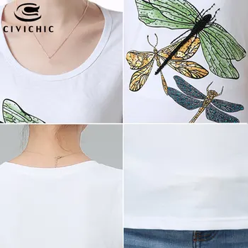 CIVICHIC Dragonfly Spausdinti Moterys T-shirt O Kaklo Medvilnės Nagų Granulių Viršūnes Moterų Etninės Camiseta trumpomis Rankovėmis Slim Fit Tee Marškinėliai WST09