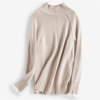 Cony plaukų mišinys sukomponuotas moterys naujas mados megztinis megztinis golfo ruched rankovės šviesiai chaki 3colors vieną&daugiau dydis