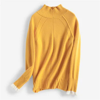Cony plaukų mišinys sukomponuotas moterys naujas mados megztinis megztinis golfo ruched rankovės šviesiai chaki 3colors vieną&daugiau dydis