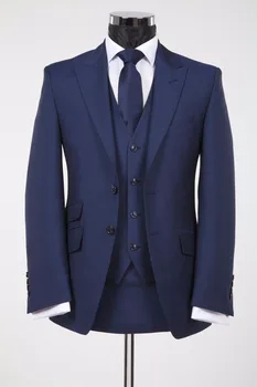 Custom 3 Gabalas Vyrų Kostiumai, Kelnės su Jaunikis Groomsmen Tuxedos už Vestuves, Tamsiai mėlynos pagal Užsakymą, Tinka