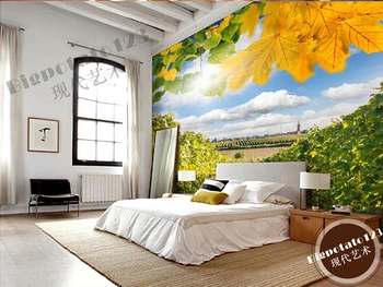 Custom 3D didelės freskomis,graži fantazija, geltonų lapų vynuogynų dvaro kraštovaizdžio , gyvenamasis kambarys su sofa-lova, TV wall miegamojo sienos popieriaus