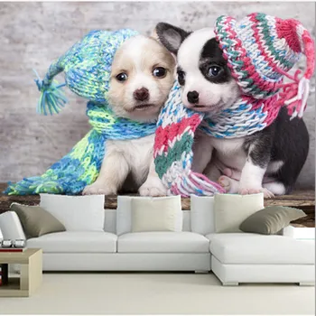 Custom 3D didelės freskos,Du cute šuniukai su vilnos skrybėlę papel de parede ,gyvenamasis kambarys su sofa-lova, TV wall miegamojo sienos popieriaus