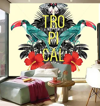 Custom 3D freskomis, šunobelė, hibiscus ir palmių lapų atogrąžų veidrodis, pavyzdžiui,gyvenamasis kambarys su sofa-lova, TV miegamojo sienos tapetai