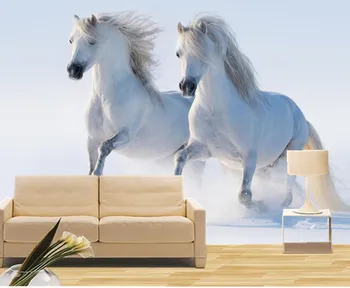 Custom 3d freskos,Du balti arkliai veikia sniego papel de parede,viešbutis, restoranas, gyvenamasis kambarys su sofa-lova, TV miegamojo sienos tapetai