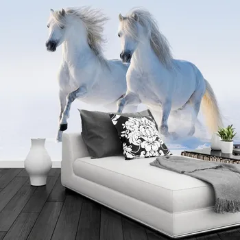 Custom 3d freskos,Du balti arkliai veikia sniego papel de parede,viešbutis, restoranas, gyvenamasis kambarys su sofa-lova, TV miegamojo sienos tapetai