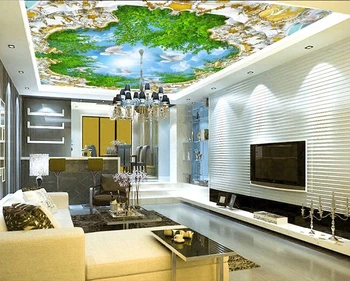 Custom 3D lubų tapetai, Europos stiliaus rūmus ir mėlynas dangus ir balti debesys už kambarį lubos, sienos tapetai