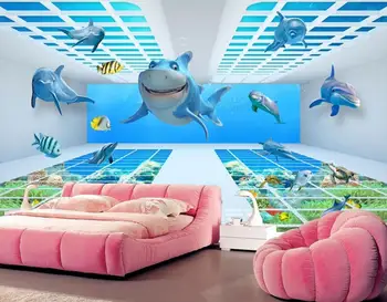 Custom 3D povandeninio pasaulio animacinių filmų ryklių, Delfinų tapetai papel de parede,gyvenamasis kambarys su sofa-lova, TV wall vaikų miegamasis 3d freskomis,