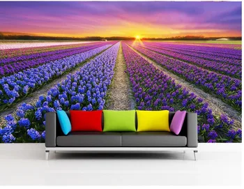 Custom 3D Sienų Tapetai, TV Foną, Saulėtekio kraštovaizdžio levandų gėlių laukus 3d Foto Tapetai