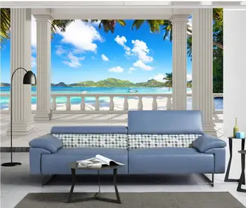 Custom 3d tapetai, Balkonas Paplūdimio Medžio Seaview Fono Sienos užsakymą 3d foto tapetai, freskos 3d tapetai