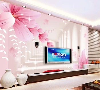 Custom 3D tapetai, rausvos gėlės ir drugelis freskomis už kambarį, miegamąjį, TV foną, vinilo sienos papel de parede