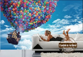 Custom 3d vaikams, cartoon tapetai, freskos plaukioja namas su balionu iki blue sky tv sofos, vaikų, miegamojo kambarį fone
