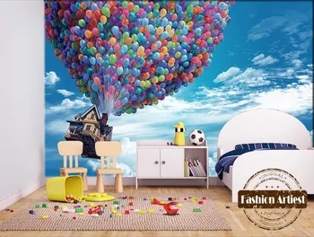 Custom 3d vaikams, cartoon tapetai, freskos plaukioja namas su balionu iki blue sky tv sofos, vaikų, miegamojo kambarį fone