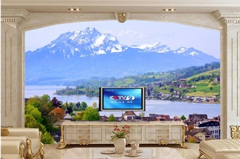 Custom didelis freskomis, Šveicarija, Namai, Ežeras, Kalnai, gamta tapetai,svetainė, miegamasis TV wall papel DE parede