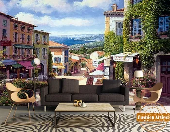 Custom Europoje gėlių, miestas tapetai, freskos jūros dangaus romantiška akmens gatvėje aliejaus tapybai tv sofa-lova, miegamojo kambarį, kavinė restoranas