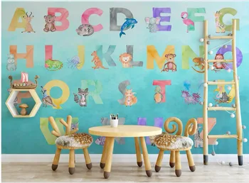 Custom freskos 3d foto tapetai, Cartoon gyvūnų 26 raidės teminius vaikų kambario foną 3d sienų freskomis tapetai, sienų ir 3 d