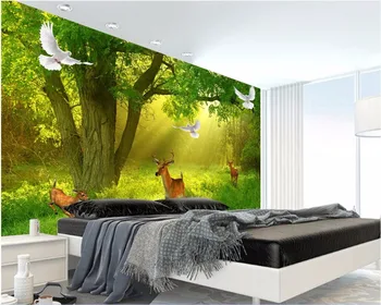 Custom freskos 3d foto tapetai Žalia medžių gelsvai balandžiai dekoro tapybos 3d sienų freskomis tapetai gyvenimo kambario sienos 3 d