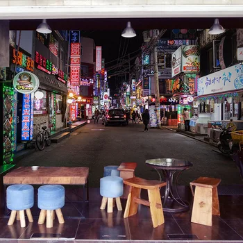 Custom freskos 3D Korėja Naktį Užkandis Gatvės freskos kavos namai arbatos namai restoranas fono sienos kambarį TV tapetai, freskos