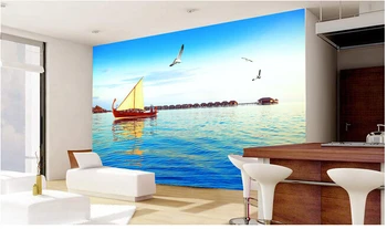 Custom freskos kraštovaizdis, jūros buriavimo žuvėdros už kambarį, miegamąjį, TV foną, sienos vandeniui papel de parede
