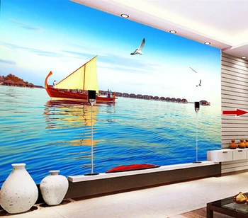 Custom freskos kraštovaizdis, jūros buriavimo žuvėdros už kambarį, miegamąjį, TV foną, sienos vandeniui papel de parede