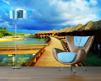 Custom kraštovaizdžio tapetai,mediniai namai Maldyvai jūros peizažas už kambarį, miegamąjį, TV foną, sienos papel de parede