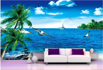 Custom kraštovaizdžio tapetai,mėlynas dangus ir balti debesys, jūra kokoso medžių kambarį, miegamąjį, TV foną, sienos tapetai