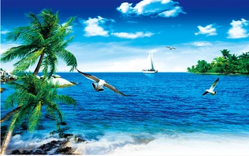 Custom kraštovaizdžio tapetai,mėlynas dangus ir balti debesys, jūra kokoso medžių kambarį, miegamąjį, TV foną, sienos tapetai