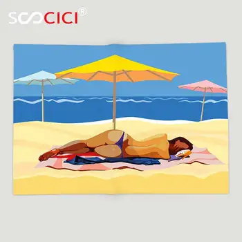 Custom Minkštos Vilnos Mesti Antklodę Paplūdimys Dekoro Pavyzdys Moters Bikini Gulėti Paplūdimyje su Saulės Šviesa Geltona