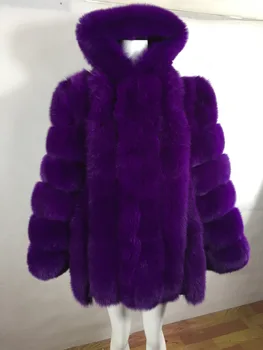 Custom Nekilnojamojo Violetinė VioletFox Kailio Vertikalios juostelės kratinys juostele gobtuvu kailis outwear ilga striukė žiemos parko Žiemos Tranšėjos