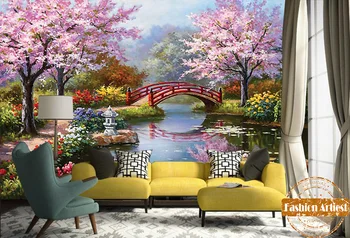 Custom pavasario gėlių žiedų tapetai, freskos pasakų medis, miško vasaros lotus aliejaus tapybai tv sofos, vaikų, miegamojo kambarį