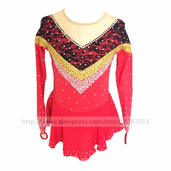 Dailiojo Čiuožimo Suknelė Moterų, Mergaičių Ledo Čiuožimo Suknelė Raudona aukštos elastingas audinys, Juoda nėrinių apdaila, Dirbtinis bauda gręžimo