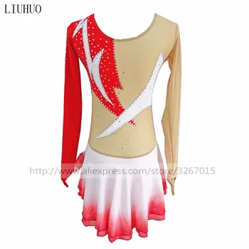 Dailiojo Čiuožimo Suknelė Moterų, Mergaičių Ledo Čiuožimo Suknelė Collocation raudonos ir baltos juostelės ilgomis rankovėmis apvalios apykaklės gražus