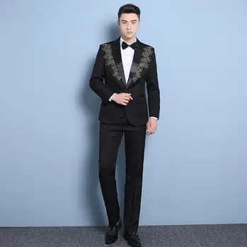Dainininkas etape mados siuvinėjimo, drabužių vyrams kostiumu, nustatytos kelnes 2018 mens vestuvių kostiumai kostiumų jaunikis oficialų suknelė, kaklaraištis, juodas