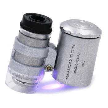 Dhl/fedex 100vnt/daug Mini Objektyvas 60X Kišeninis didinamasis stiklas Mikroskopas Su LED Šviesos Papuošalai Loupe Valiuta Dectector 20% nuolaida