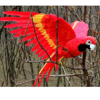 Didelis 45x60cm skleisti sparnus red parrot modelis putų&plunksnos modeliavimas papūga paukštis rankdarbių namų, sodo puošmena dovana p0370