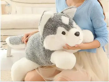 Didelis, puikus šuo Haskis lėlės aukštos kokybės pilkos spalvos haskis guli šuo žaislai, apie 80cm 0167