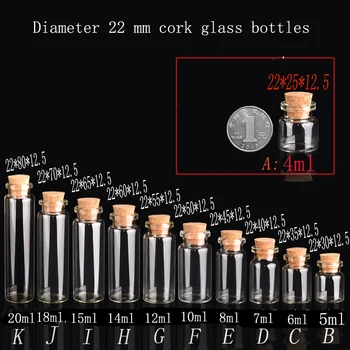 Didmeninė 200pcs/daug 14ml(22*60*12.5 mm) Kamštienos stiklo buteliukai ,Stiklo Buteliai,butelių,stiklo stiklainį, stikliniai buteliukai su kamštienos