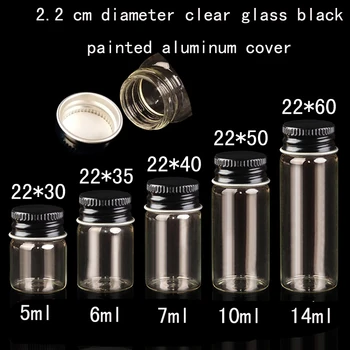 Didmeninė 50pcs/daug 10ml(22* 50* kaip 14mm) Black dažytos aliuminio, padengti stiklo, skaidrus sandarinimo mažas buteliai, stikliniai buteliukai