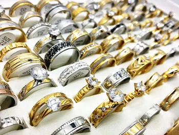 Didmeninė asorti 50pcs/daug vyrų, moterų sidabro aukso tonas kalnų krištolas cirkonis, nerūdijančio plieno, sužadėtuvių žiedai, papuošalai