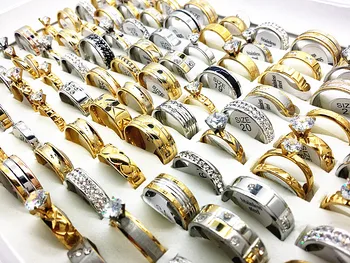 Didmeninė asorti 50pcs/daug vyrų, moterų sidabro aukso tonas kalnų krištolas cirkonis, nerūdijančio plieno, sužadėtuvių žiedai, papuošalai