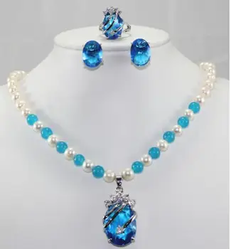 Didmeninė kaina 16new ^^^^perlų/pilka akmens/opalas karoliai +mėlyna cirkonis pakabukas auskarai žiedas