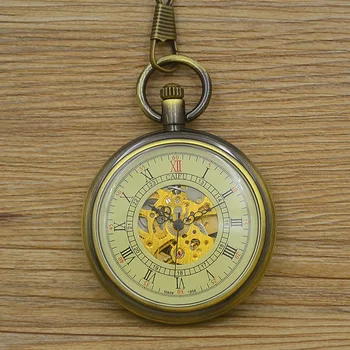 Didmeninė mados savarankiškai vėjo Mechaninė Kišeninio Laikrodžio vyrų romos numeris vintage retro Stilingas bronzos fob laikrodžiai žalvario valandą nauja