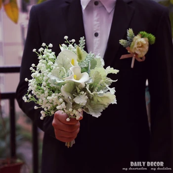 Dirbtiniai balti kūdikio kvėpavimą Calla lily netikrą žalieji augalai nuotakos puokštės, vestuvių puokštės, skirtos nuotaka vestuvių nuotakos prekes