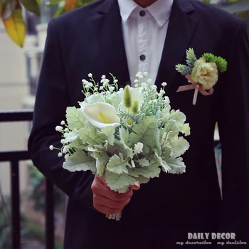Dirbtiniai balti kūdikio kvėpavimą Calla lily netikrą žalieji augalai nuotakos puokštės, vestuvių puokštės, skirtos nuotaka vestuvių nuotakos prekes