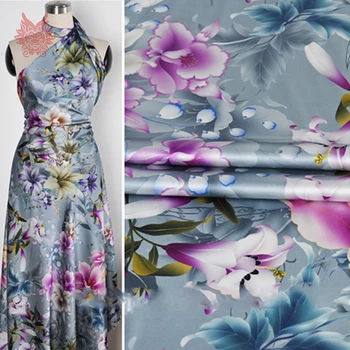 Dizaineris violetinė gėlių spausdinti spandex šilko audinio suknelė ištempti šilko audinio audinio tela tejido 19mm SP3943 Nemokama Laivas