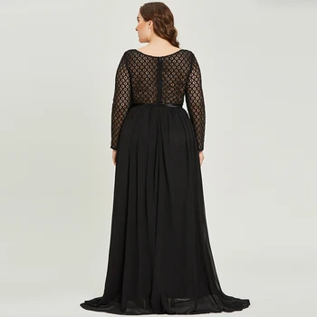 Dressv juoda samtelis kaklo plius dydžio vakarinę suknelę elegantiška linija ilgomis rankovėmis vestuves oficialų suknelė šifono vakaro suknelės