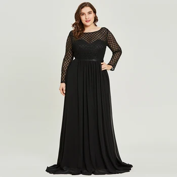 Dressv juoda samtelis kaklo plius dydžio vakarinę suknelę elegantiška linija ilgomis rankovėmis vestuves oficialų suknelė šifono vakaro suknelės