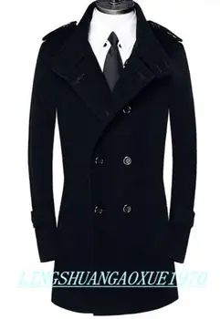 Dvigubo breasted vilnoniai paltai vyrams tranšėjos paltai ilgomis rankovėmis paltas mens kašmyro paltai anglija stovėti apykaklės, juoda ruda S - 9XL